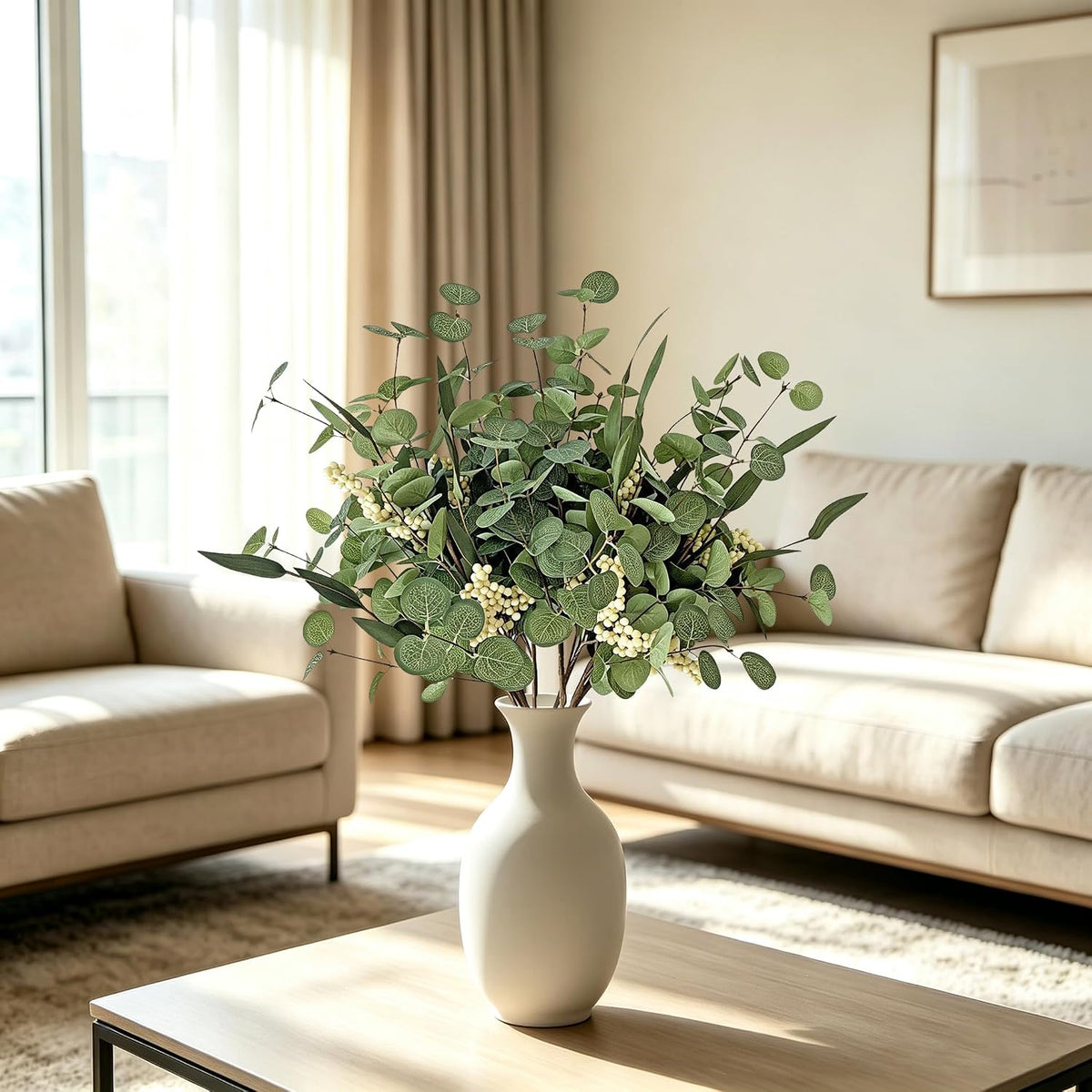 8PCS White Berry Eucalyptus Stems, Artificial Greenery Branches for Vase