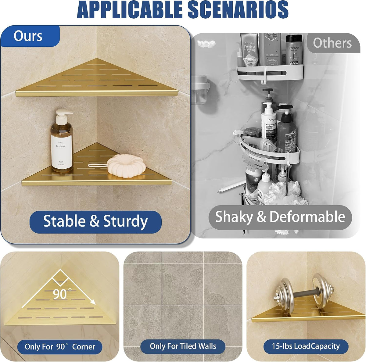Neodrain 10 Inch Golden Corner Wall Shelf for Tile Wall Insert, Set of 2