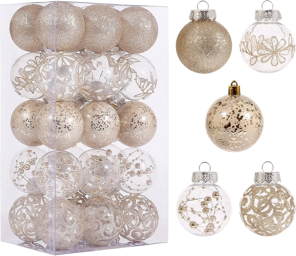 2.36" Clear Christmas Ornaments Set, 30ct Champagne Christmas Ornament Ball
