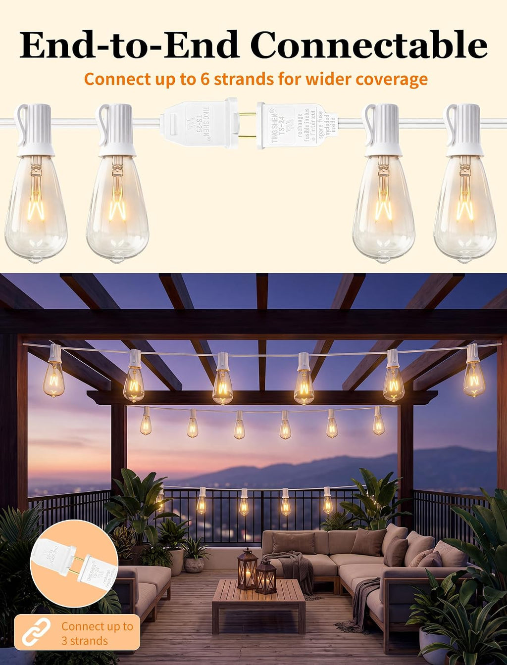 Abeja 10FT ST38 Outdoor Edison String Lights, White Wire Patio Lights with 11 Clear Vintage Bulbs (1 Spare), 7W E12/C7 Base, UL Listed Connectable Hanging Lights for Porch Backyard Wedding
