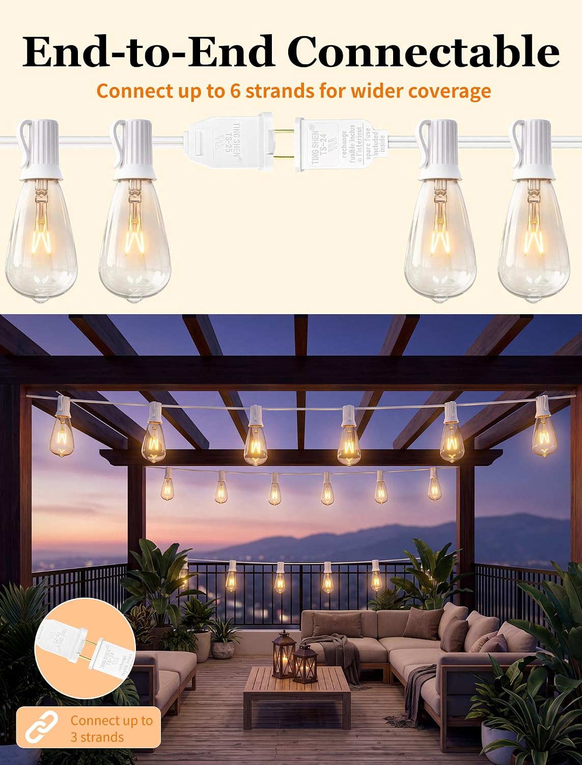 Abeja 10FT ST38 Outdoor Edison String Lights, White Wire Patio Lights with 11 Clear Vintage Bulbs (1 Spare), 7W E12/C7 Base, UL Listed Connectable Hanging Lights for Porch Backyard Wedding