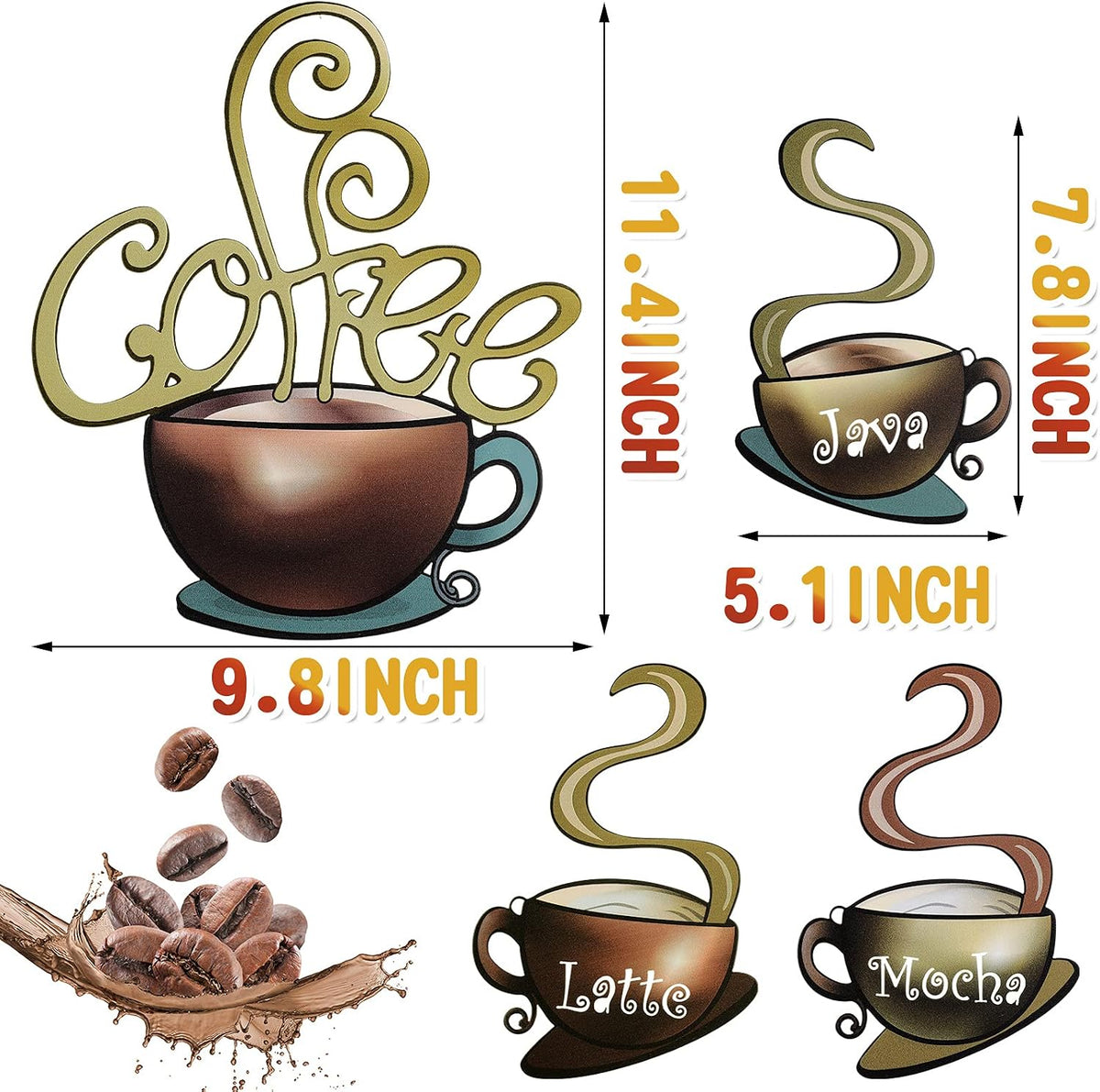 Hotop 4 Pcss Metal Coffee Cup Wall Art Decor Coffee Decor, Brown