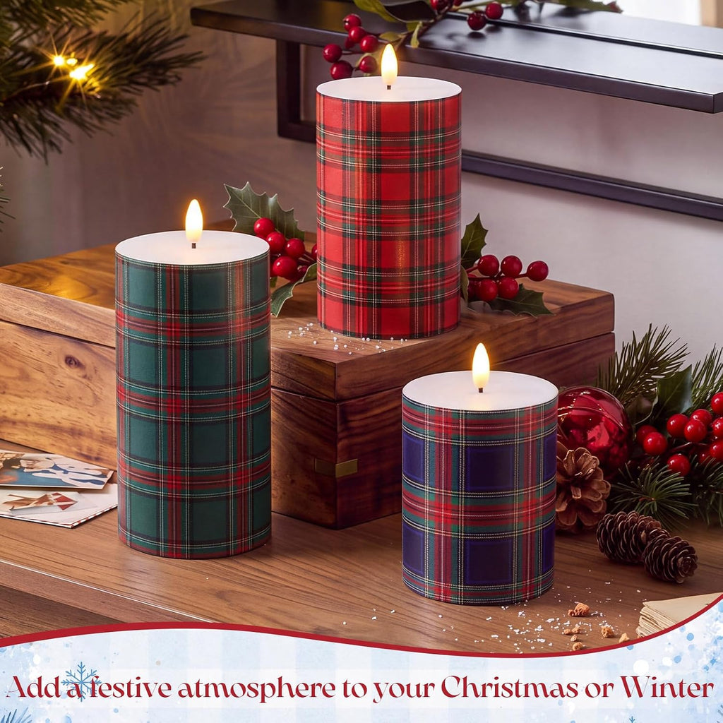 Retisee 3 Pcs Christmas Flameless Candles Real Wax Plaid LED Candles 4/5/6"