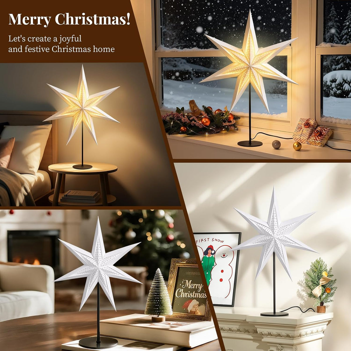 Lewondr 3D Christmas Paper Star Table Lamp, 17.72" 7-pointed Xmas Star