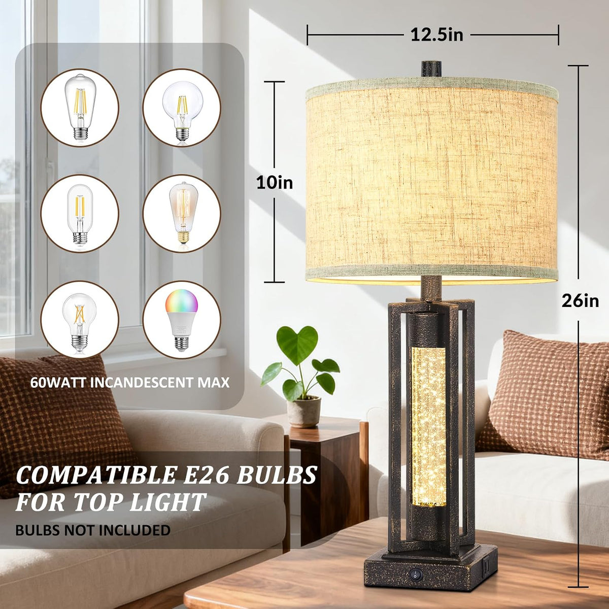 TOBUSA 26" Bronze Farmhouse Table Lamps Set of 2 with Crystal Night Light