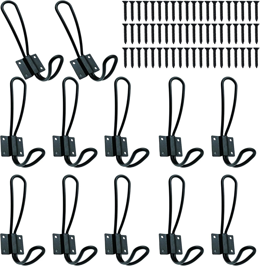 Hajoyful Rustic Entryway Hooks-12 Pack Farmhouse Hooks with Metal Screws Included, Black Decorative Wall Mounted Rustic Coat Hooks Rack, Double Vintage Organizer Hanging Wire Hook Clothes Hanger