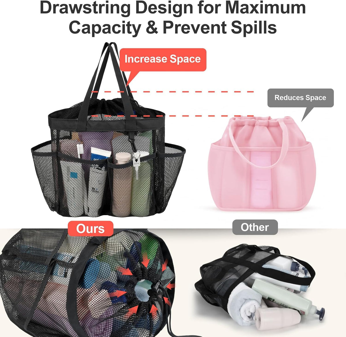 Mesh Shower Caddy Portable with Drawstring - 2-Handle Shower Bag for Dorm