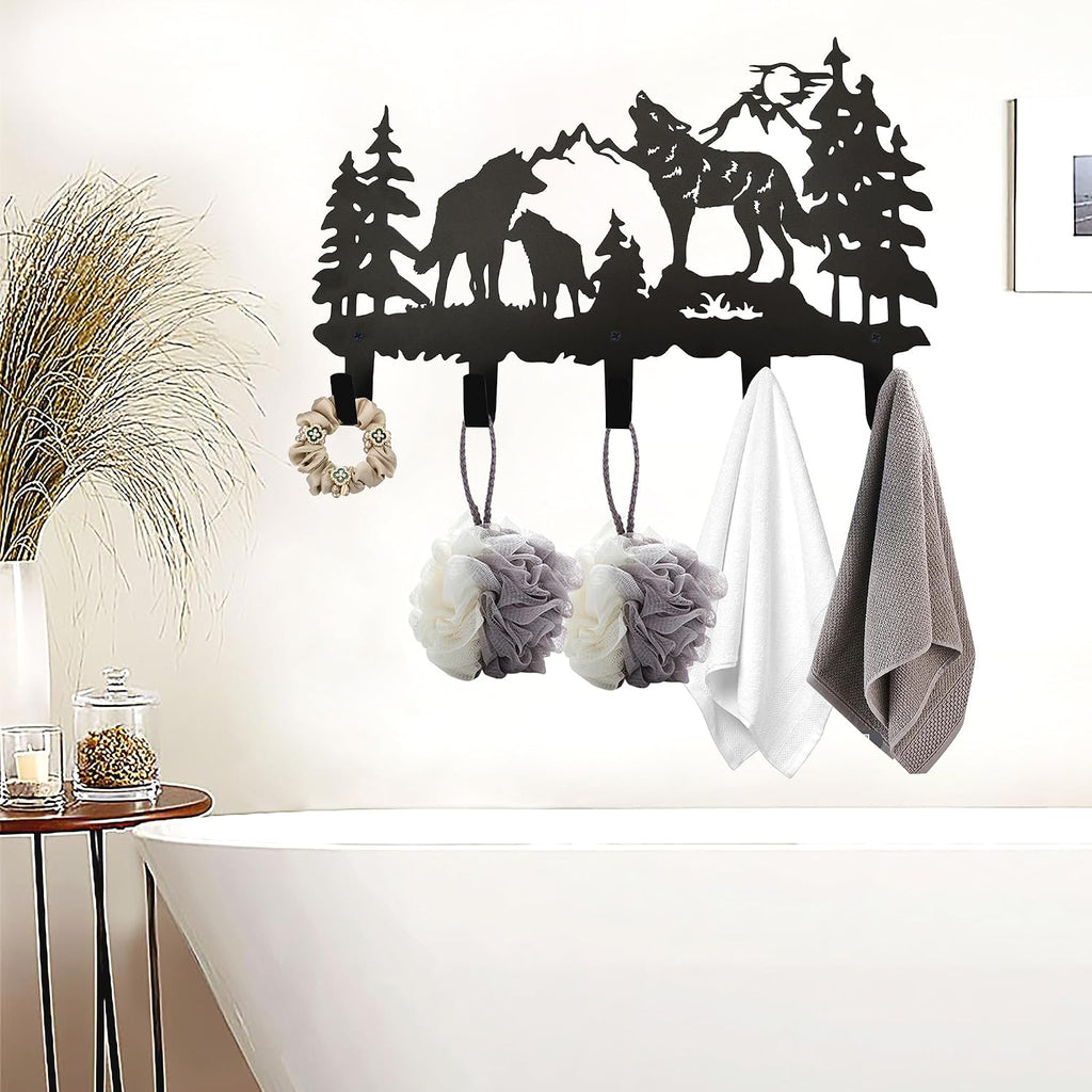 Metal Wolf Coat Hooks Wall Art Decor-Wolf Hangers and Key Holder-Clothes Rack and Backpack Hanger-Animal Theme Hooks Sweet Home Decor for Storage, Living Room, Hallway, Office (Black)