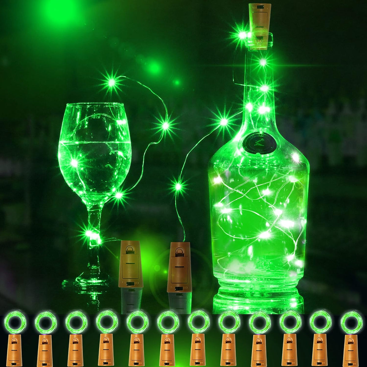 12 Packs 20 LED Wine Bottle Lights with Cork - Green Fairy String Lights Battery Operated Liquor Bottle Cork Lights for Vase Jars St Patricks Day ,Christmas,Halloween Party Decor Table Centerpieces