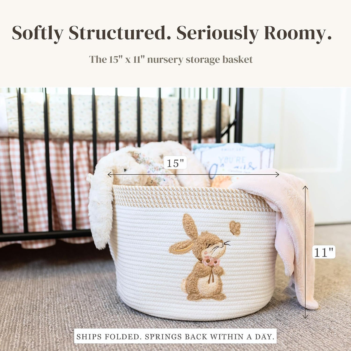 Bunny Baby Storage Basket, Woven Cotton Rope Nursery Bin, 15x11 in