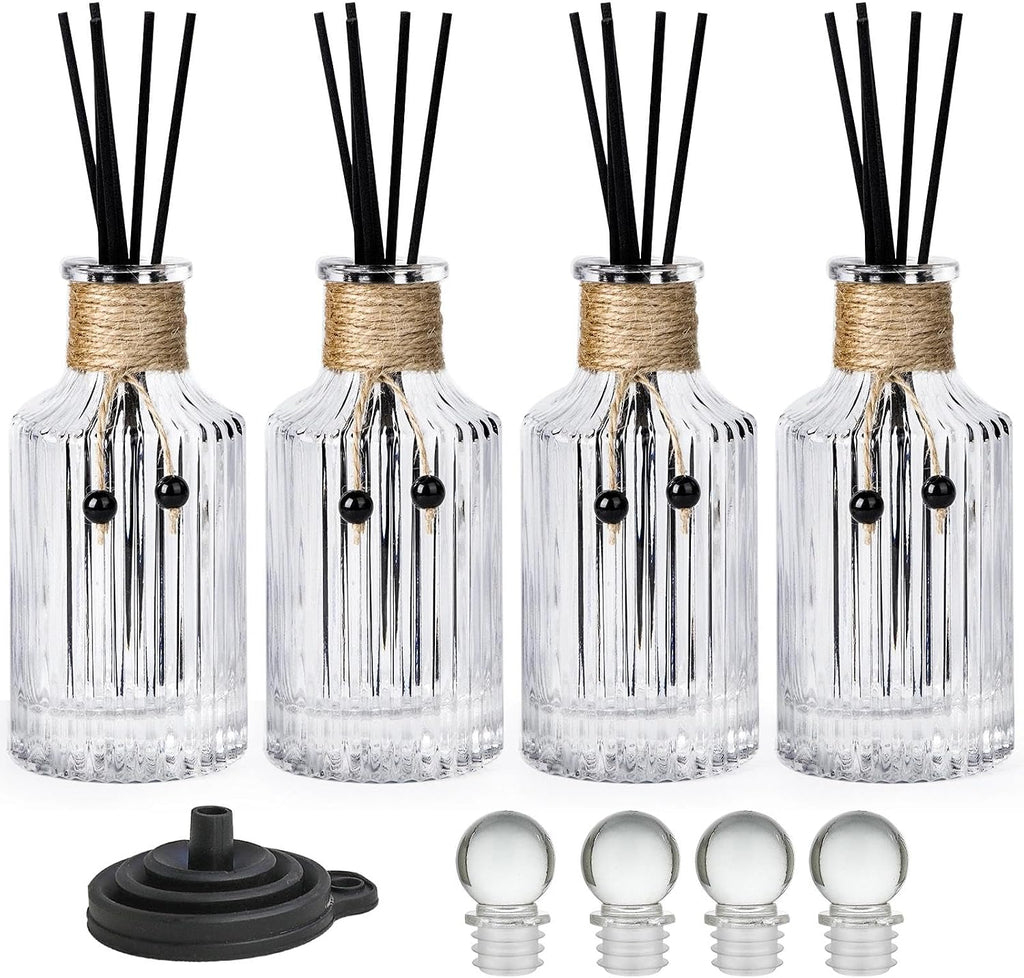 Reed Diffuser Bottle Glass Diffuser Bottles 8oz/250ml Set of 4 Empty Essential Oil Clear Decorative Bottle with Stoppers and Reed Sticks Bulk Reusable Perfume Jar