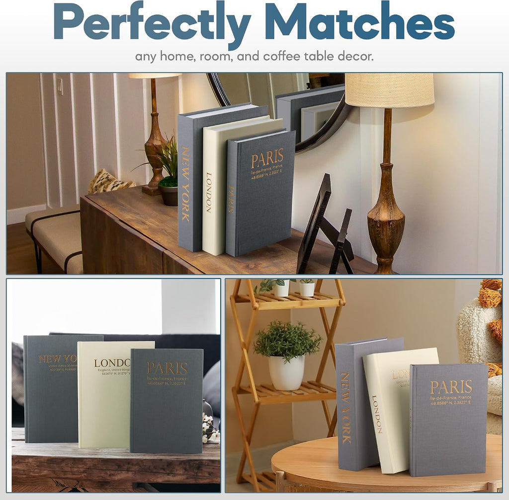 Faux Book Storage Box Set (Set of 3) – Decorative Faux Books with Hidden Storage for Coffee Table Decor, Bookshelf or Mantle – Linen Decorative Book Boxes – Aesthetic Decor for Homes