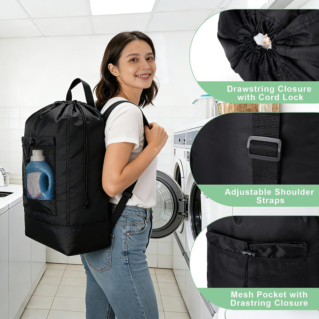Backpack Laundry Bag,Large Travel Laundry Bags (Black)