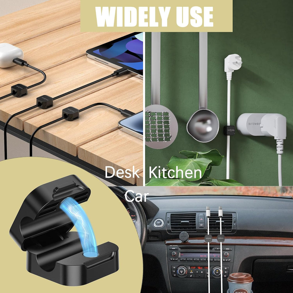 [9 Pack] Magnetic Cable Clips, Easy to Adjust, Enhanced Adhesive Wire Organizer, Desk Cable Management, Mini Holder for Wire Or Cable Clips for Home, Office, Car, Desk, Nightstand (Black-9 Pack)