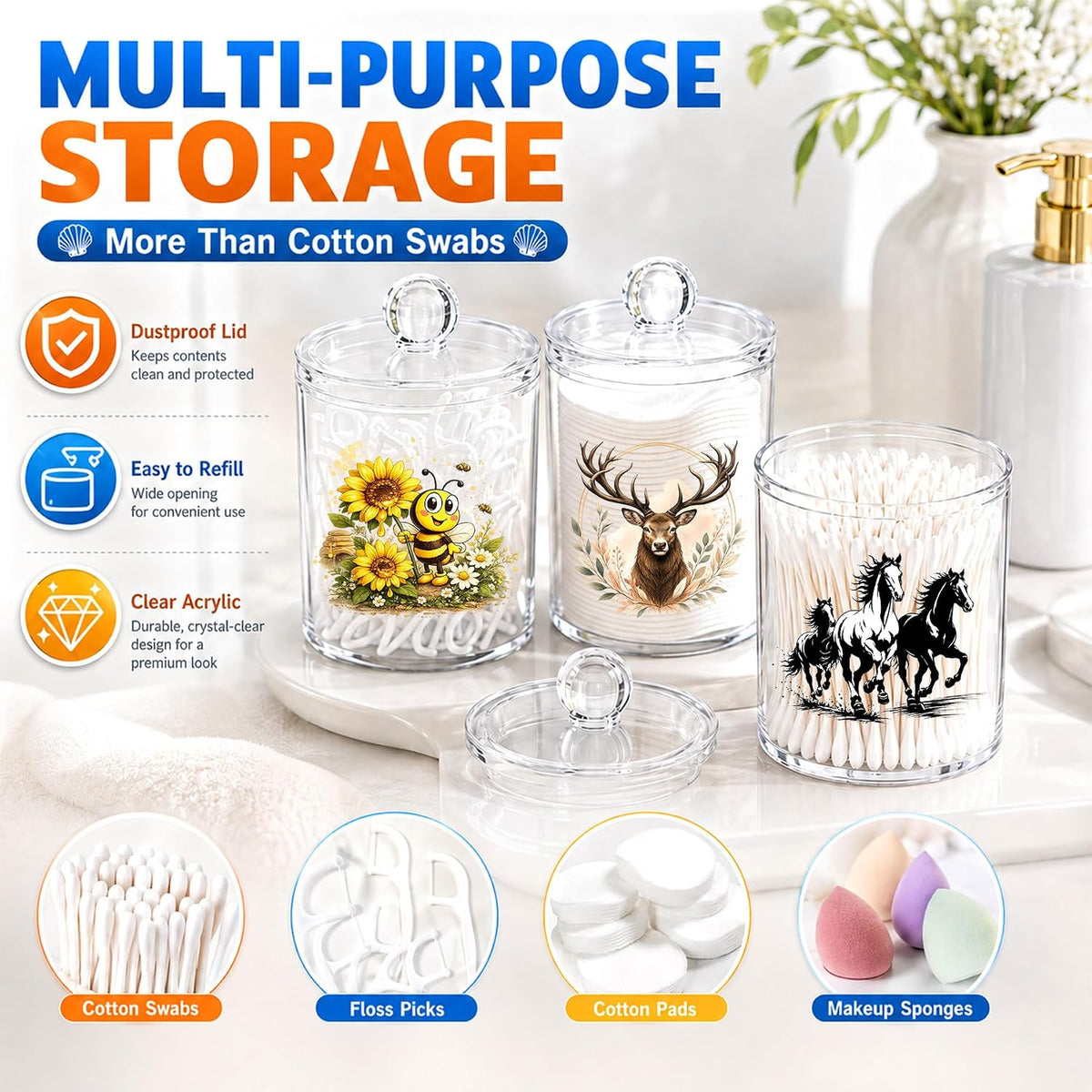 Ladybug Cotton Swab Holder with Lid Clear Acrylic Garden Apothecary Jar