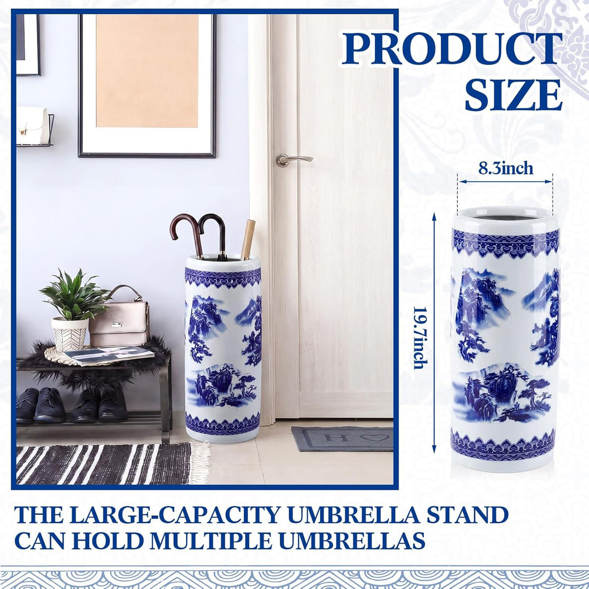 Sawysine Blue White Ceramic Umbrella Stand with Landscape Design