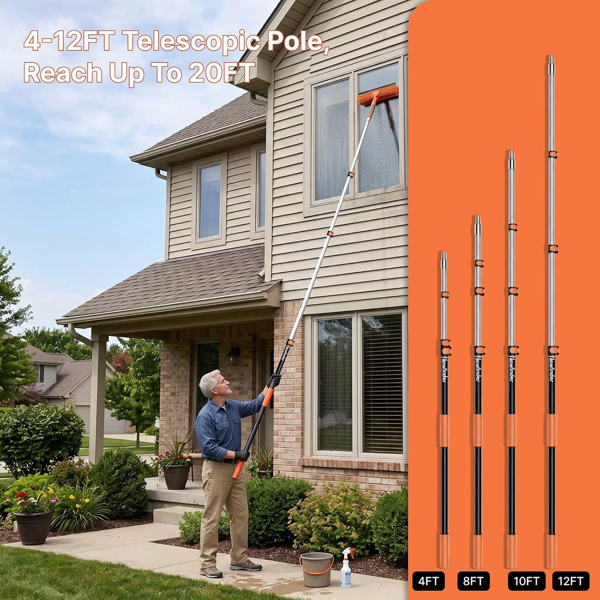 20FT High Reach Window Washer & Squeegee with 4-12FT Grooved Extension Pole