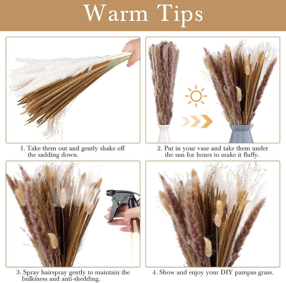 Treela 360 Pcs Pampas Grass Dried Flowers, 17 Inch Bunny Tails, Goldenrod