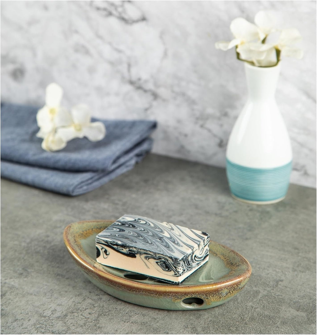 Ceramic Soap Dish with Self Draining Tray for Bar Soap, Bathroom, Kitchen (Pastel Blue)