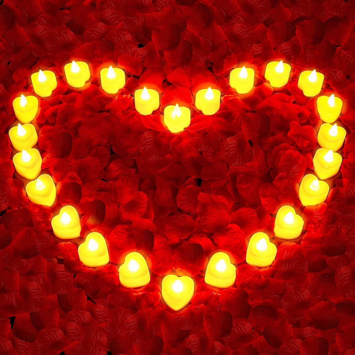1000Pcs Red Rose Petals with 24 LED Heart Fake Rose Petals and Candles Set