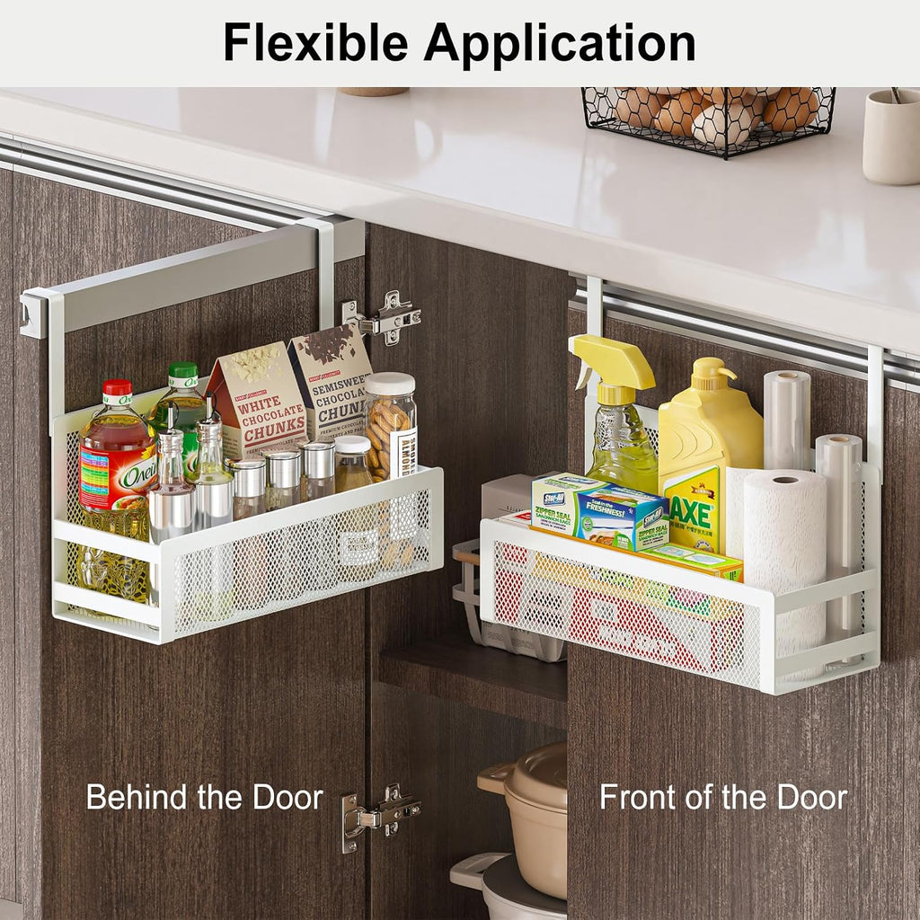Hanging Desktop Baskets Fine Mesh Wire Storage Basket Over Cabinet Door Organizer No Drilling Required for Kitchen Bathroom Office, 1 Small, 1 Large, White