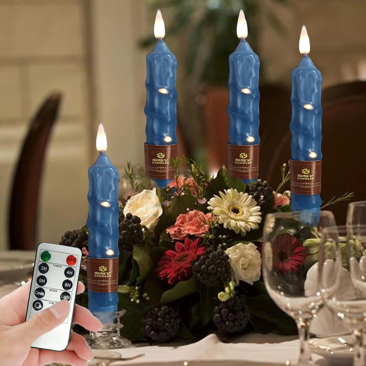 6.5 inch Haze Blue Flameless Candle with String Light Window Candles with Remote Timer Battery Operated Taper Candle LED Taper Candles Set of 4