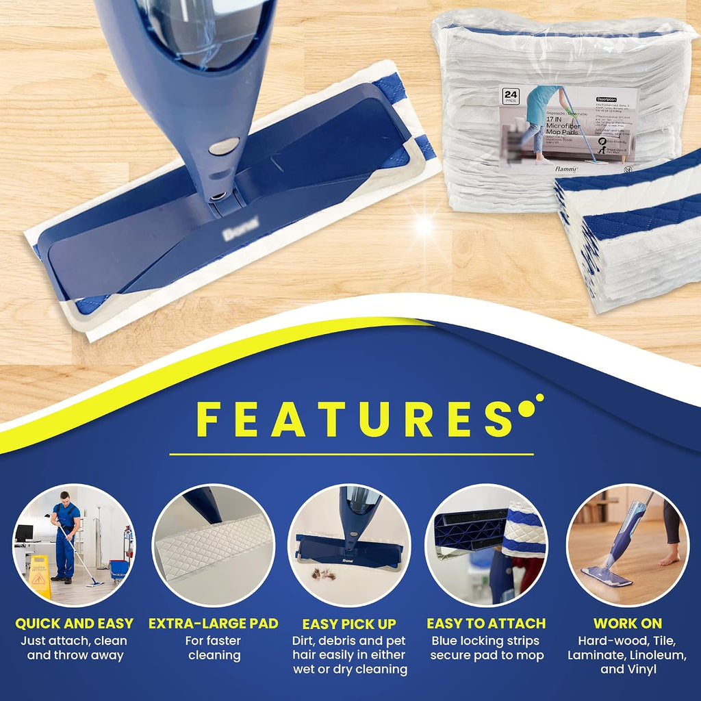24-Pack Disposable Microfiber Pads for 16-18" Flat Mop, for Bona/Rubbermaid