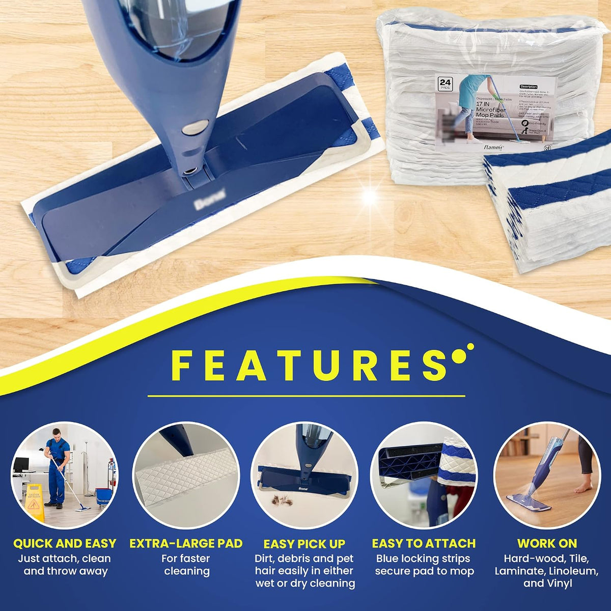 24-Pack Disposable Microfiber Pads for 16-18" Flat Mop, for Bona/Rubbermaid