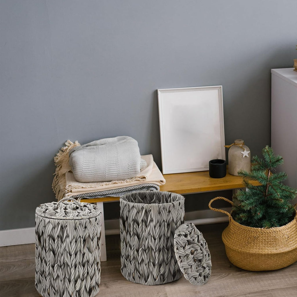 Ctosree 1.3 Gal Boho Wicker Trash Can with Lid, Grey