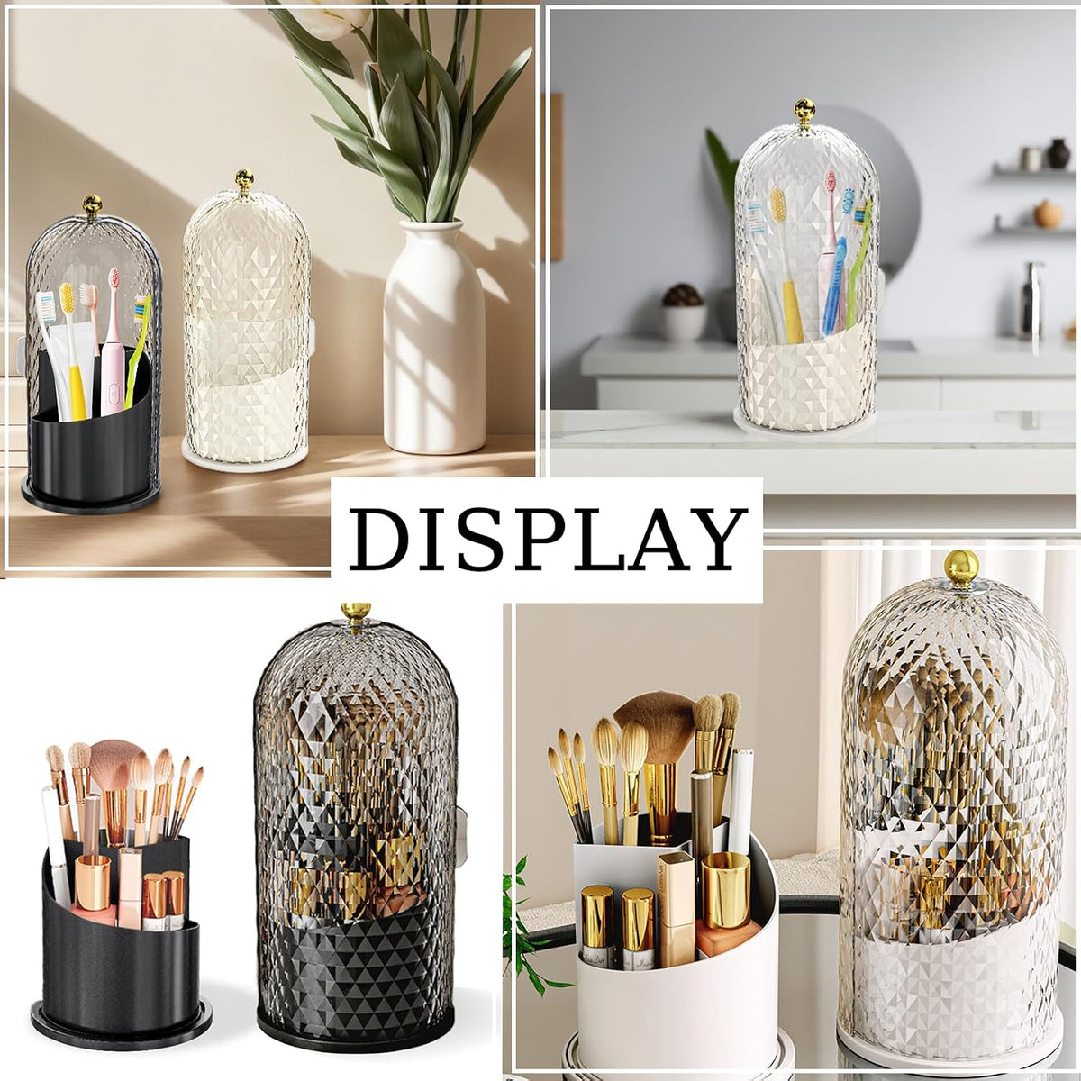 Multifunctional Rotating Toothbrush Holders with Sliding Lid, The 3-Slot Bathroom Countertop Vanity Organizer Perfect for Tooth Brush, Toothpaste, and Makeup Brushes Holder Storage (Black)
