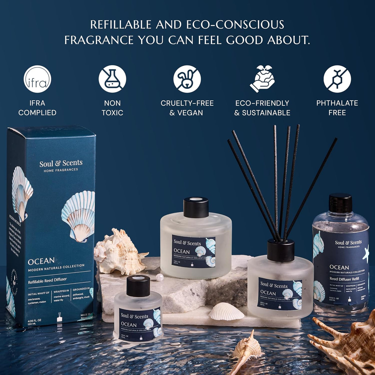 Soul & Scents Ocean Scented 4.06 oz (120ml) Reed Diffuser Set with 6 Fiber Sticks for Room Decor | Home Fragrance Reed Diffuser | Air Freshners for Home