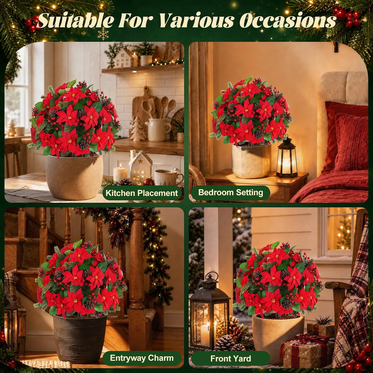 Yangrass 2PCS Poinsettia Pine Cone Topiary Trees with Spike Christmas Decor