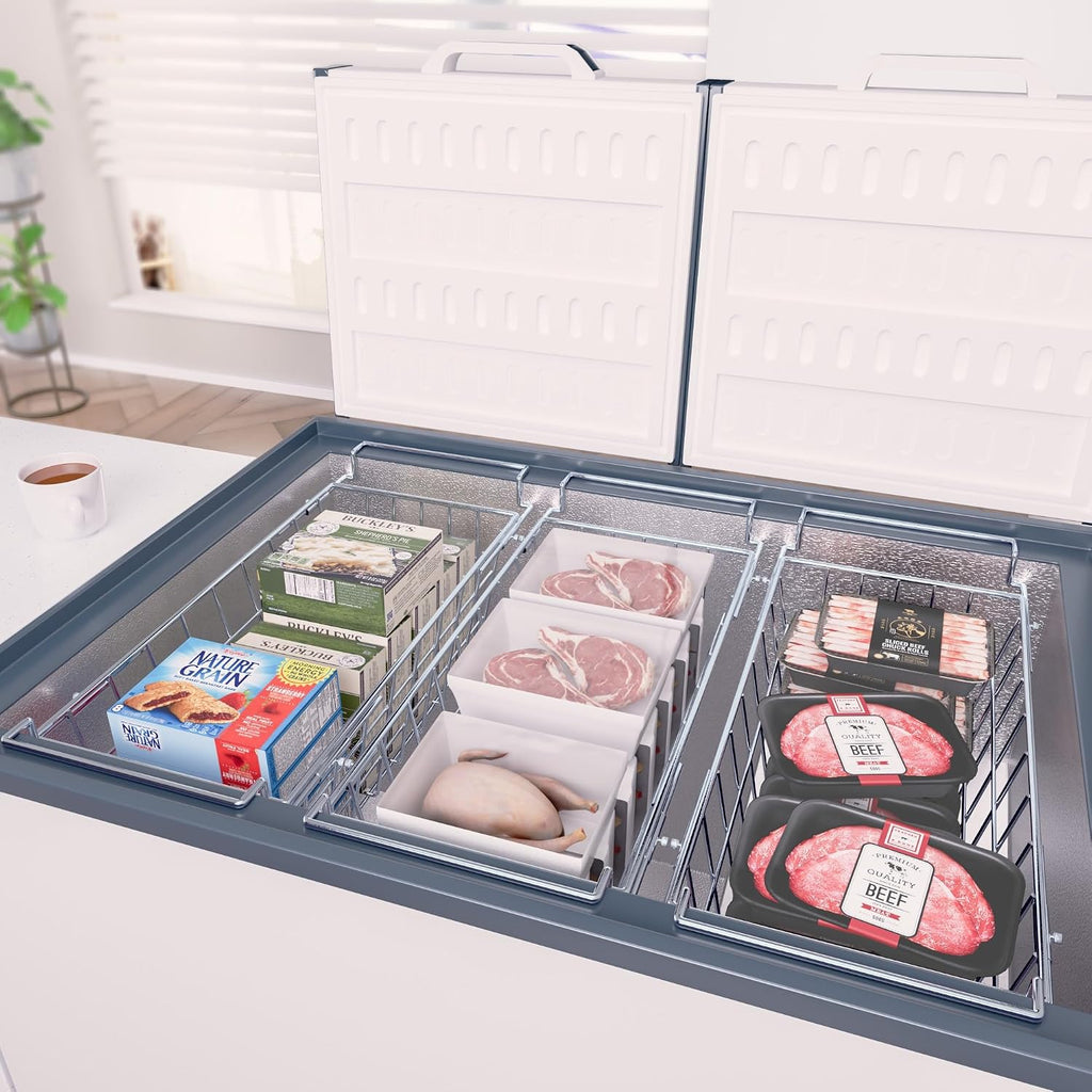 SANNO Chest Freezer Baskets, Stainless Steel Storage Organizer Bins with Sturdy Handles for Chest and Deep Freezers,Adjustable Arms width 17.5"~20.4", 2 pack
