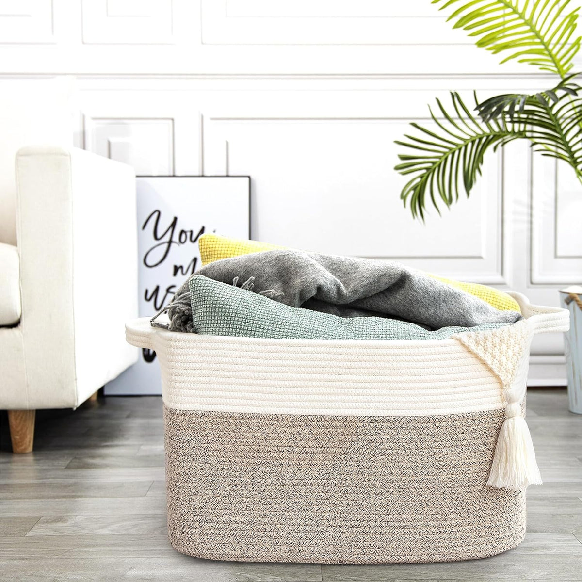 Large Blanket Basket, 100L Storage Baskets for Organizing, Woven Laundry Basket for Blankets, Cotton rope Blanket Storage for Living Room, Nursery Room, 24.8" L x 15.74" W x 15.74" H, Brown