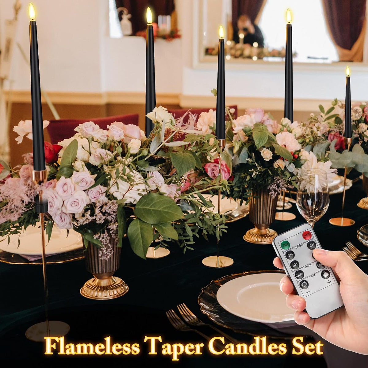 Rossesay 28 Pcs Flameless Taper Candles with Timer Remote, Black