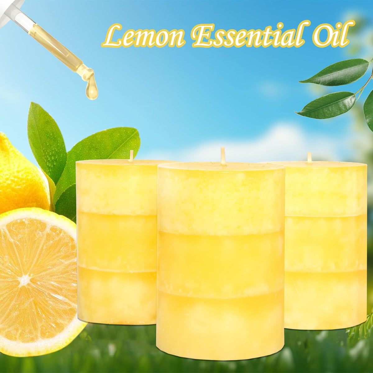 Yellow Pillar Candles 3x4 Inch Hand-Poured Lemon Scented Candles Lemongrass Fragrance Long Lasting Clean Burning Smokeless Summer Candle for Home Scent Bathroom Rustic Table Decor, Set of 3