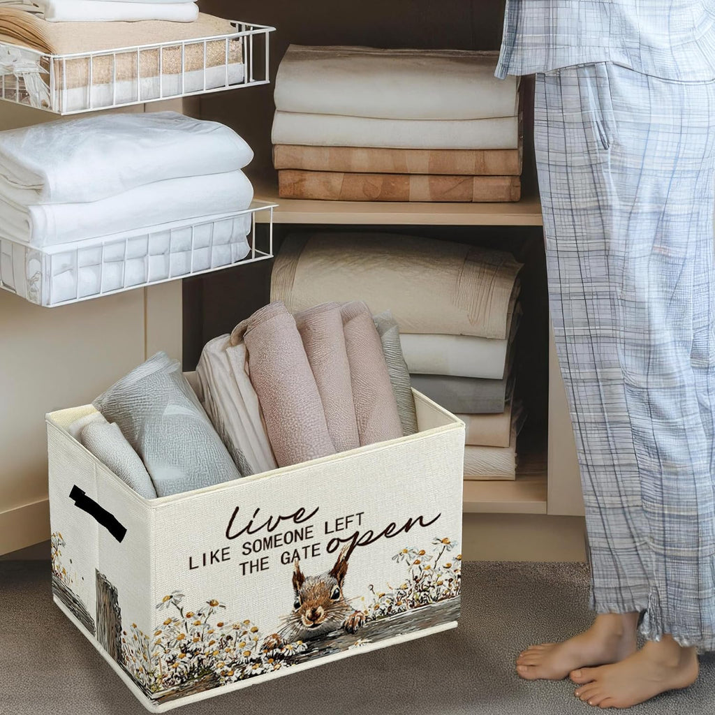 Rustic Squirrel Storage Bins & Boxes with Handles, Farmhouse Squirrel Foldable Basket for Organizing, Live Like Someone Left the Gate Open Collapsible Storage Basket for Bedroom Bathroom Clothes