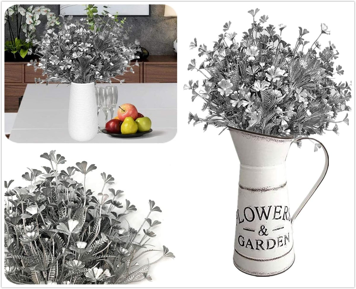 Artificial Plants for Christmas, Fake Silver Plant Four Leaves Clover Plant Bushes Faux Shrubs Greenery Indoor Outside Hanging Planter Home Garden Decor Festival Decoration - Silver 4 Pcs