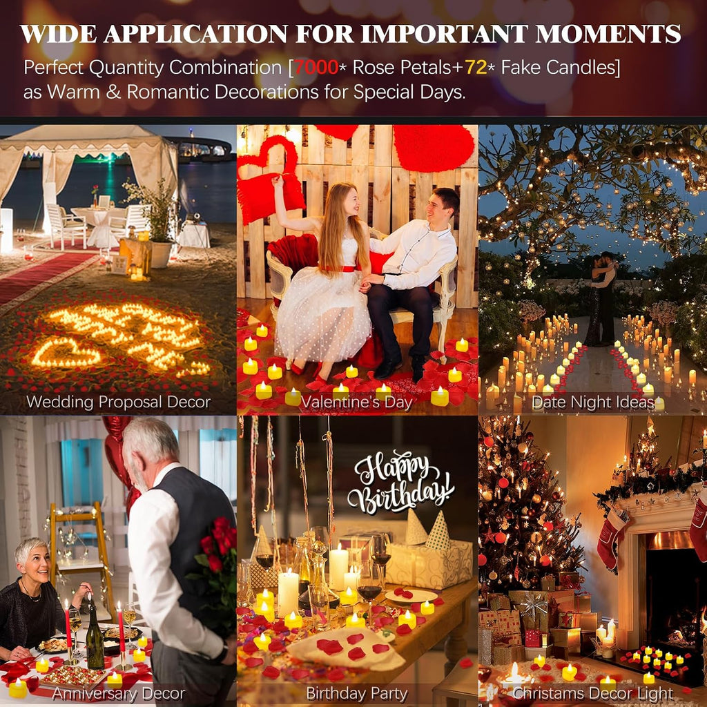 7000 Pieces Artificial Rose Petals with 72 Pcs Flameless LED Candles Battery Operated Led Tea Lights Candles Romantic Decoration Set