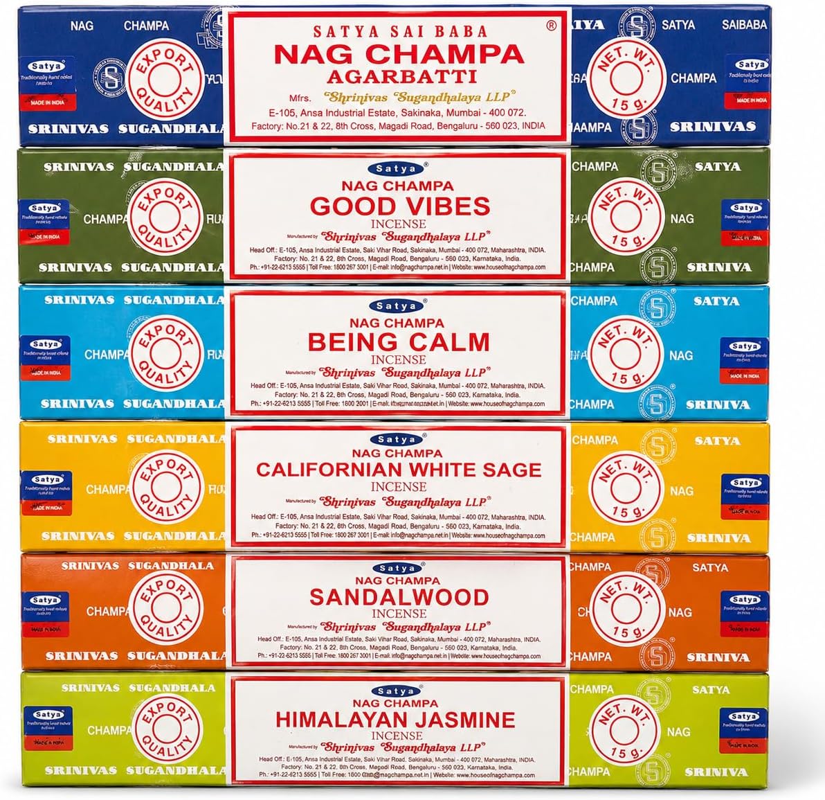 Satya Nag Champa Incense Sticks Variety Pack - 6 Assorted Boxes
