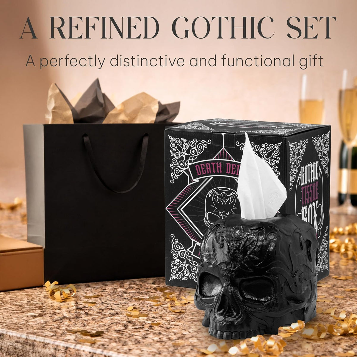 Gothic Skull Tissue Box Cover, Black, Square by Death Decor