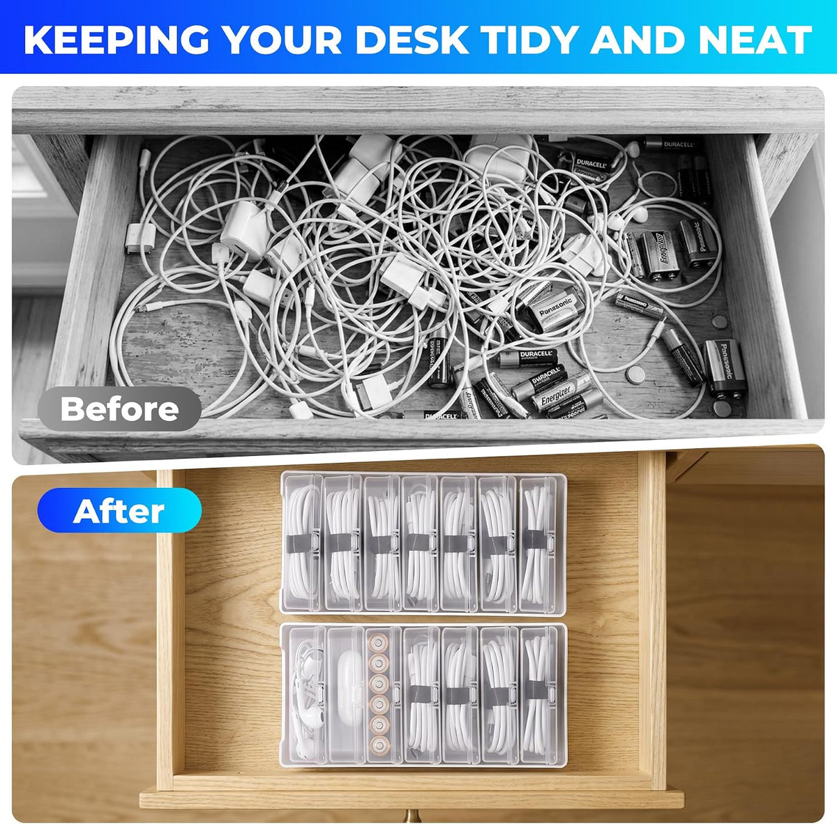 2 Pack Cable Organizer Box with 14 Clear Switch Case, Cable Straps and Label Stickers, Travel Cord Organizer for Charging Cables, USB Wires, Earphones – Drawer Organization for Home & Office