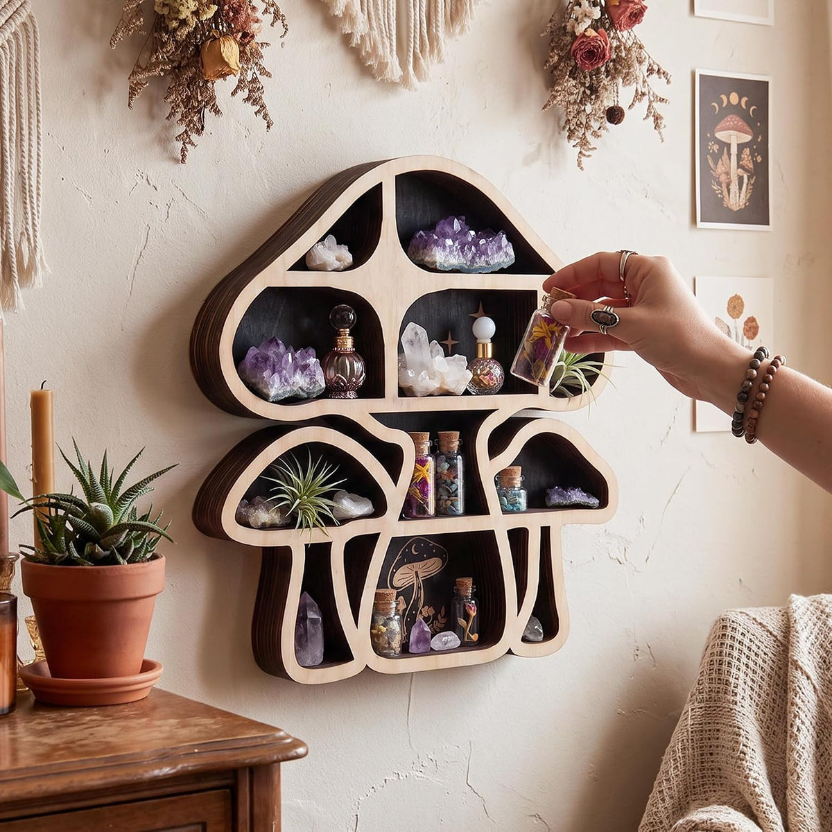 Mushroom Decor Floating Shelves, Crystal Display Shelf, Whimsy Wall Decor