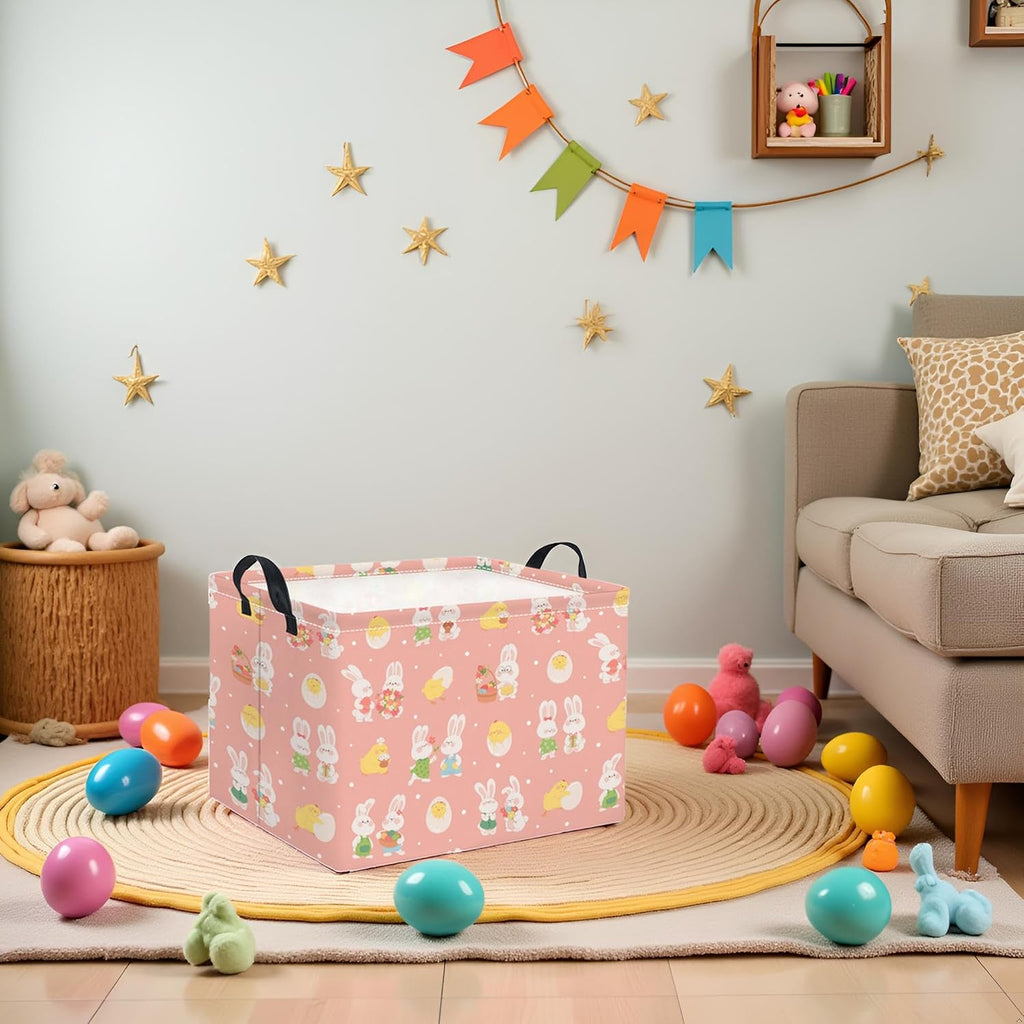 Rectangular Easter Basket for Home Kitchen Baby Girls Basket Cute Storage Bin Organizer Shelf Book Room Decor(Pink Cute Bunny)