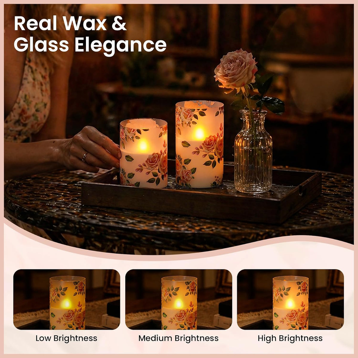 Pink Rose Flameless LED Pillar Candles with Remote, Pack of 3 Glass Shell Flickering Electric 3D Wick Warm Light Real Wax Battery Operated Fake Timer Lighting, 3" x 4" 5" 6" Home Decor