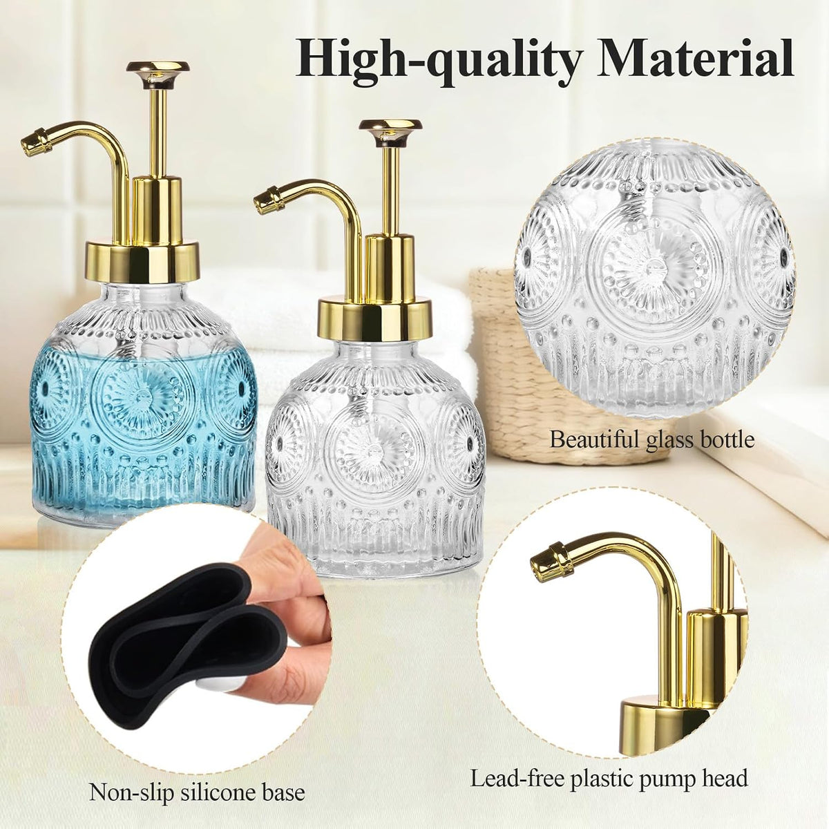 SheeChung 8 Oz Clear Glass Soap Dispenser with Rust Proof Gold Pump, 2 Pack