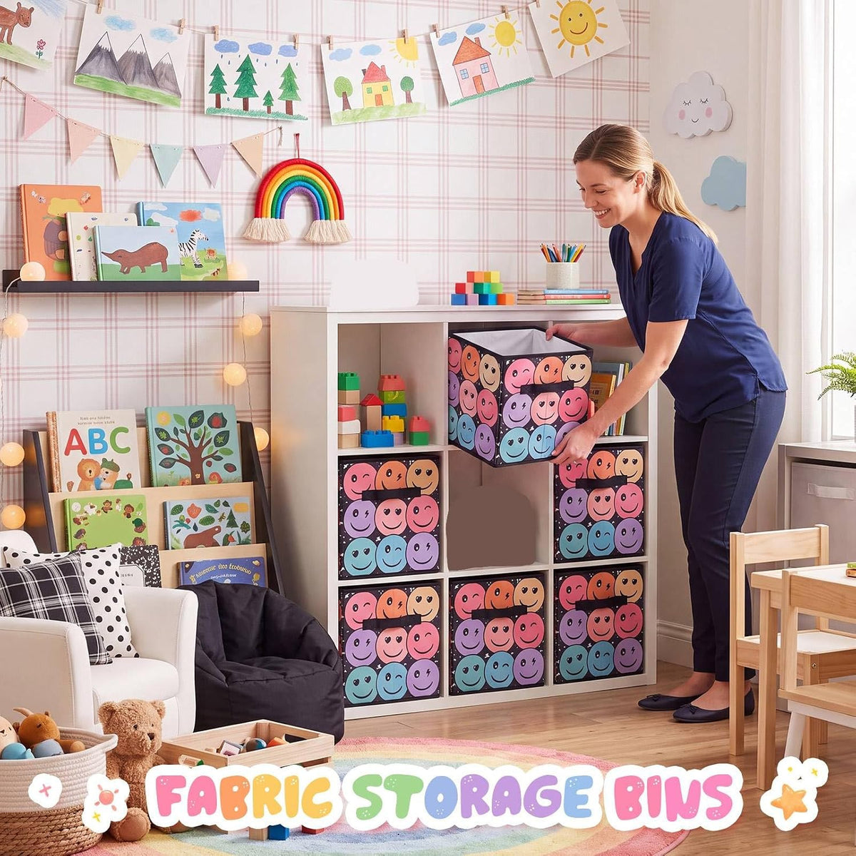Reallnaive 6 Pcs 11 Inch Composition Fabric Book Bin Classroom Storage Cube