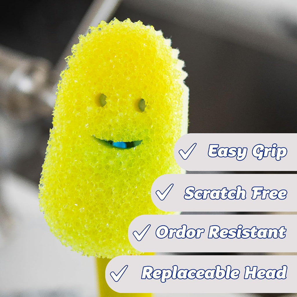 Scrub Daddy Dish Daddy Dish Wand & Connector Head, Soap Dispensing Dish Brush, Texture Changing Washing Up Sponge With Liquid Handle, Dish Sponge with Built-in Scraper, Scrubbing Head & Stand - Yellow