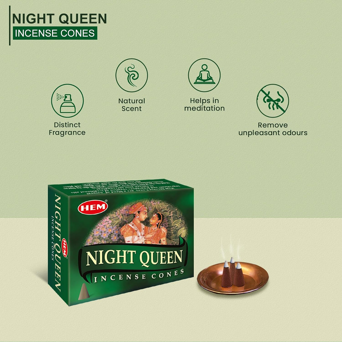 Hem Night Queen Incense Cones – Case of 12 Boxes (10 Cones Each) | Exotic Floral Aroma for Calmness, Positivity & Romance | Handcrafted Natural Cones for Meditation, Relaxation & Home Fragrance
