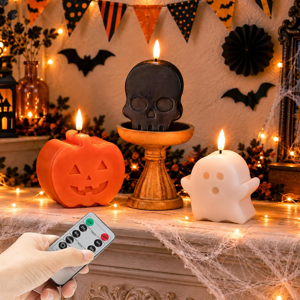 Halloween Flameless Candles with Remote, Cute Halloween Ghost Pumpkin Decor